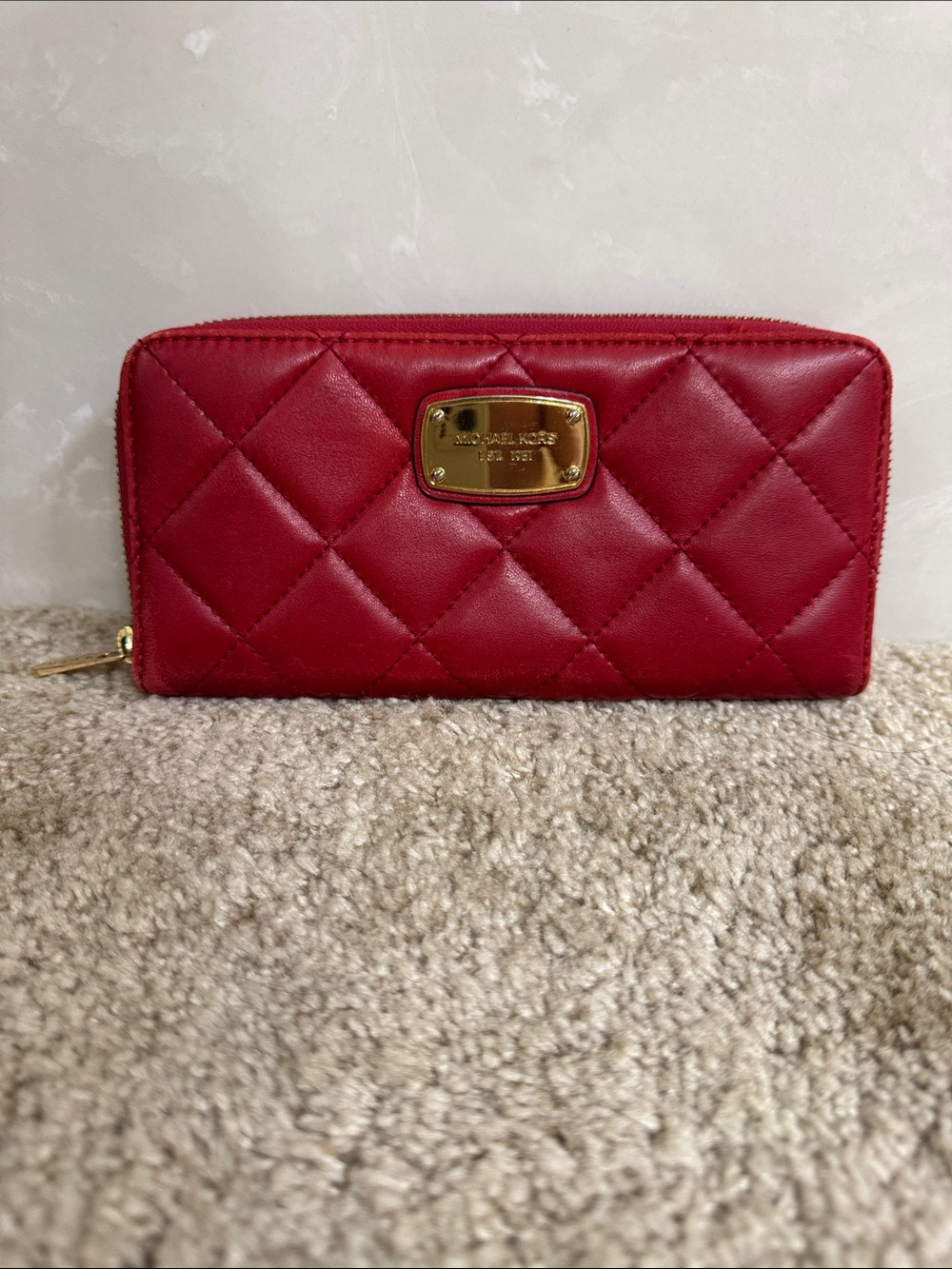Michael Kors Red Quilted Zip Wallet with Gold Plaque